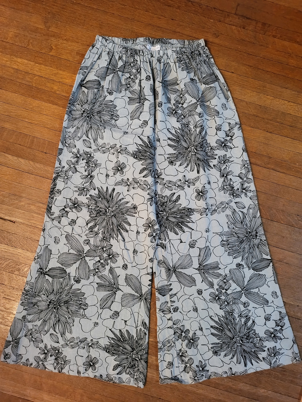 bryn Walker Black Floral Sketch Print Pants on Pale Blue